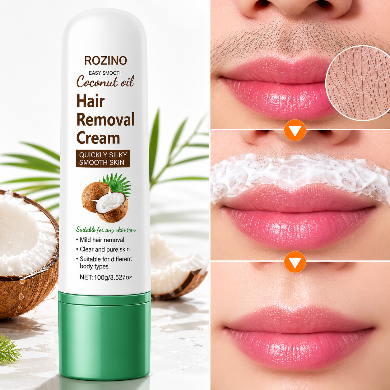 ROZINO Coconut Oil Hair Removal Cream | Gentle & Painless Depilatory for Face, Lips, Arms & Legs | 100g