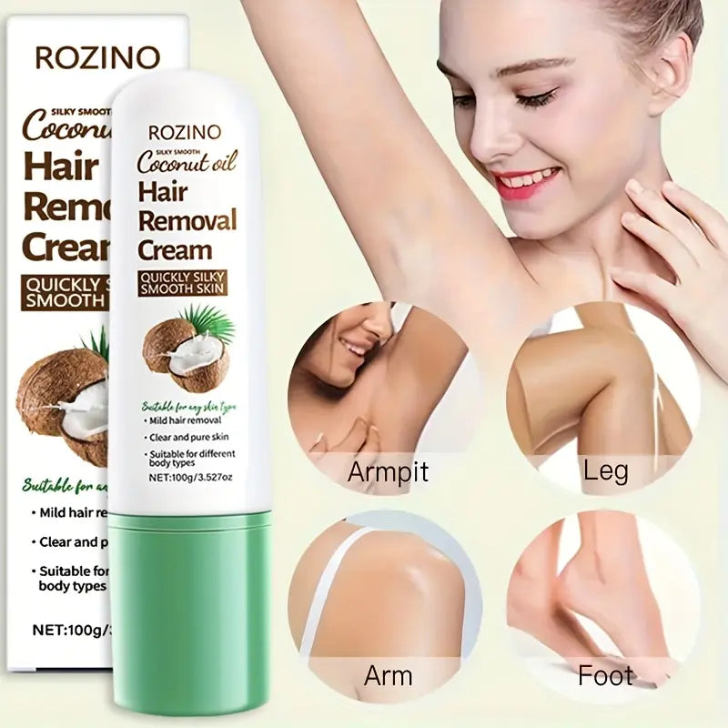 ROZINO Coconut Oil Hair Removal Cream | Gentle & Painless Depilatory for Face, Lips, Arms & Legs | 100g